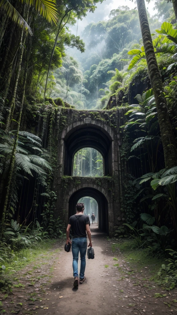 In the Amazon rainforest there is a portal like a time portal and a man walks with his suitcase and viola towards the portal 1 he is dressed in jeans and a black t-shirt 