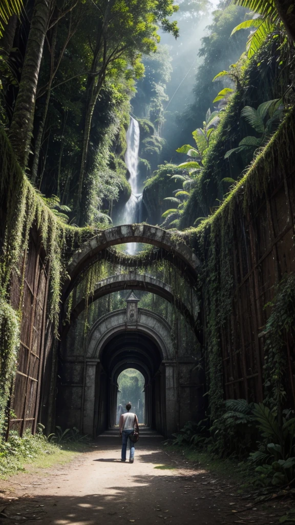 In the Amazon rainforest there is a portal like a time portal and a man walks with his suitcase and viola towards the portal 1 he is dressed in jeans and a black t-shirt