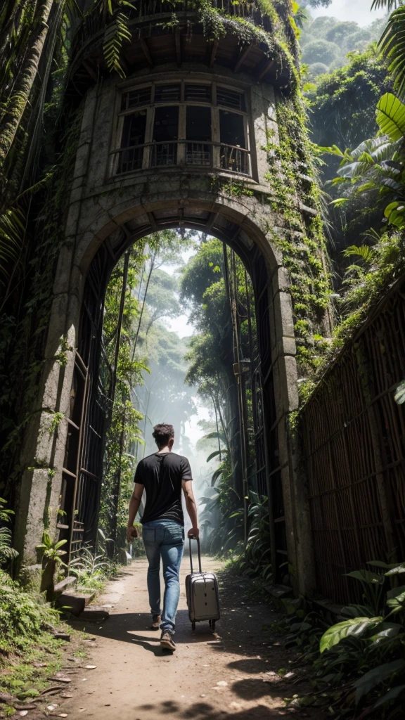In the Amazon rainforest there is a portal like a time portal and a man walks with his suitcase and viola towards the portal 1 he is dressed in jeans and a black t-shirt 