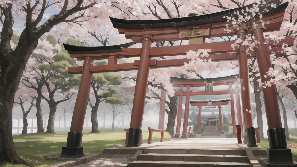 There is an open-air bath behind the shrine. Torii gate, cherry tree, steam, curtain, background only