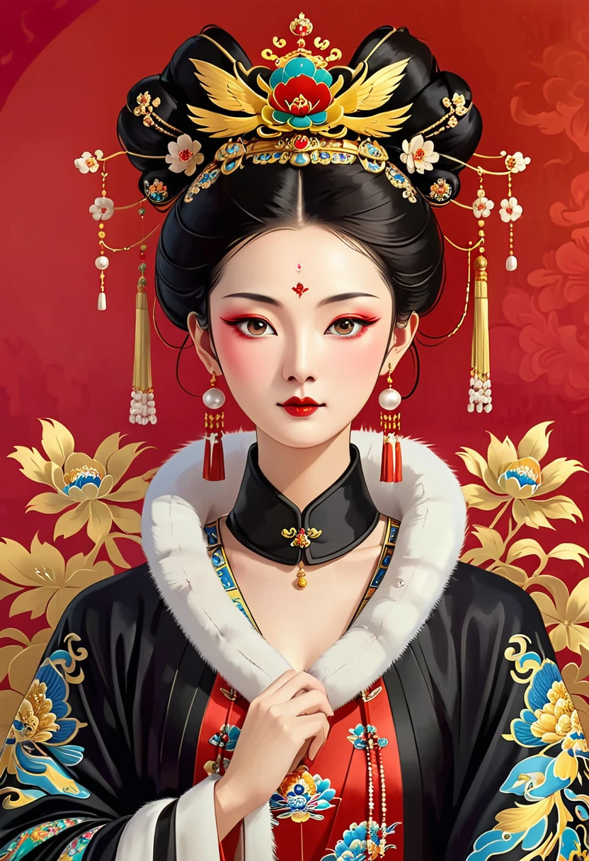 A painting：Phoenix Coronet：1.37.Solemn girl portrait，symmetry，Round Face，Bright Eyes，Smooth skin，Red peony headdress，Elegant and luxurious，Wealth，Gorgeous black and gold costumes，Chinese Qing Dynasty flag costumes,Selfish,Chinese Emperor，High bun，Gorgeous golden crown，tassel，palace，Clean background，(((Wu Zetian，Empress)))，Fur collar cape，Pearl tassels，Pearl Makeup，Red background