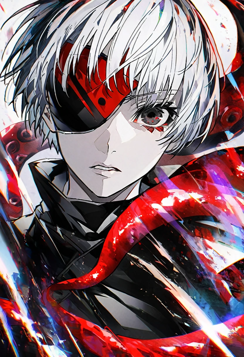 ```
Ken Kaneki, Tokyo Ghoul, white hair, black outfit, eyepatch, half-ghoul, serious expression, red kakugan eye, kagune tentacles, detailed face, high quality

```