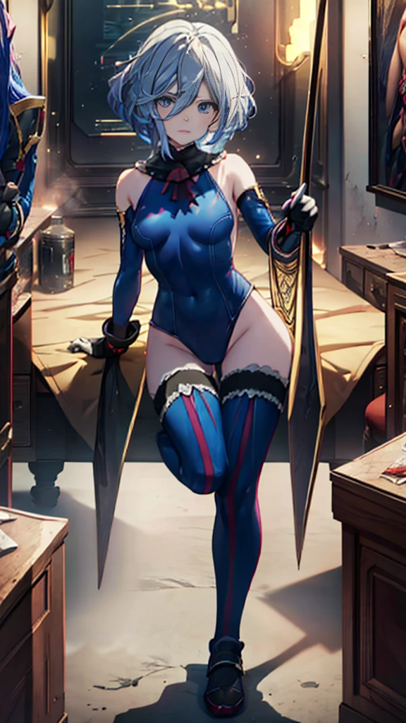 Blue leotard，High leg，Over the city, Preparing for battle, Detailed art photos, Beautifully detailed face, dream-like, burn, Backlight, Glamour, shine, Shadowy, Oil on canvas, Strokes, soft, Ultra-high resolution, 8K, Unreal Engine 5, Super focus sharp, art gelm, Reusch, Hmph, An exquisite masterpiece, Threatening, Matte Painting Movie Posters, Golden Ratio, CGsocietyTrend, Complex, Spectacular, Very detailed, Vibrant, Production Movie Character Rendering, Quality Model Ultra High，