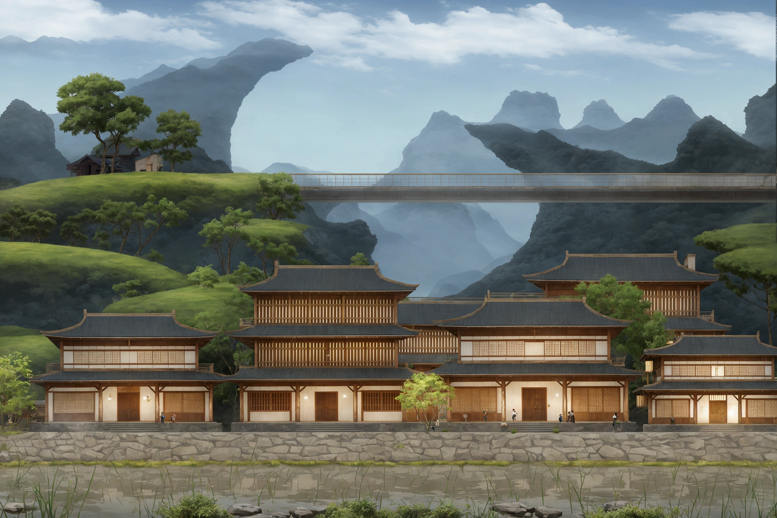 cartoon illustration of a japanese village with a bridge and a river, temple background, zen temple background, dojo on a mountain, town background, mobile game background, 2d game background, ancient city landscape, 2 d game art background, 2 d game environment design, town center background, chinese village, japanese town, distant village background, videogame background, japanese village