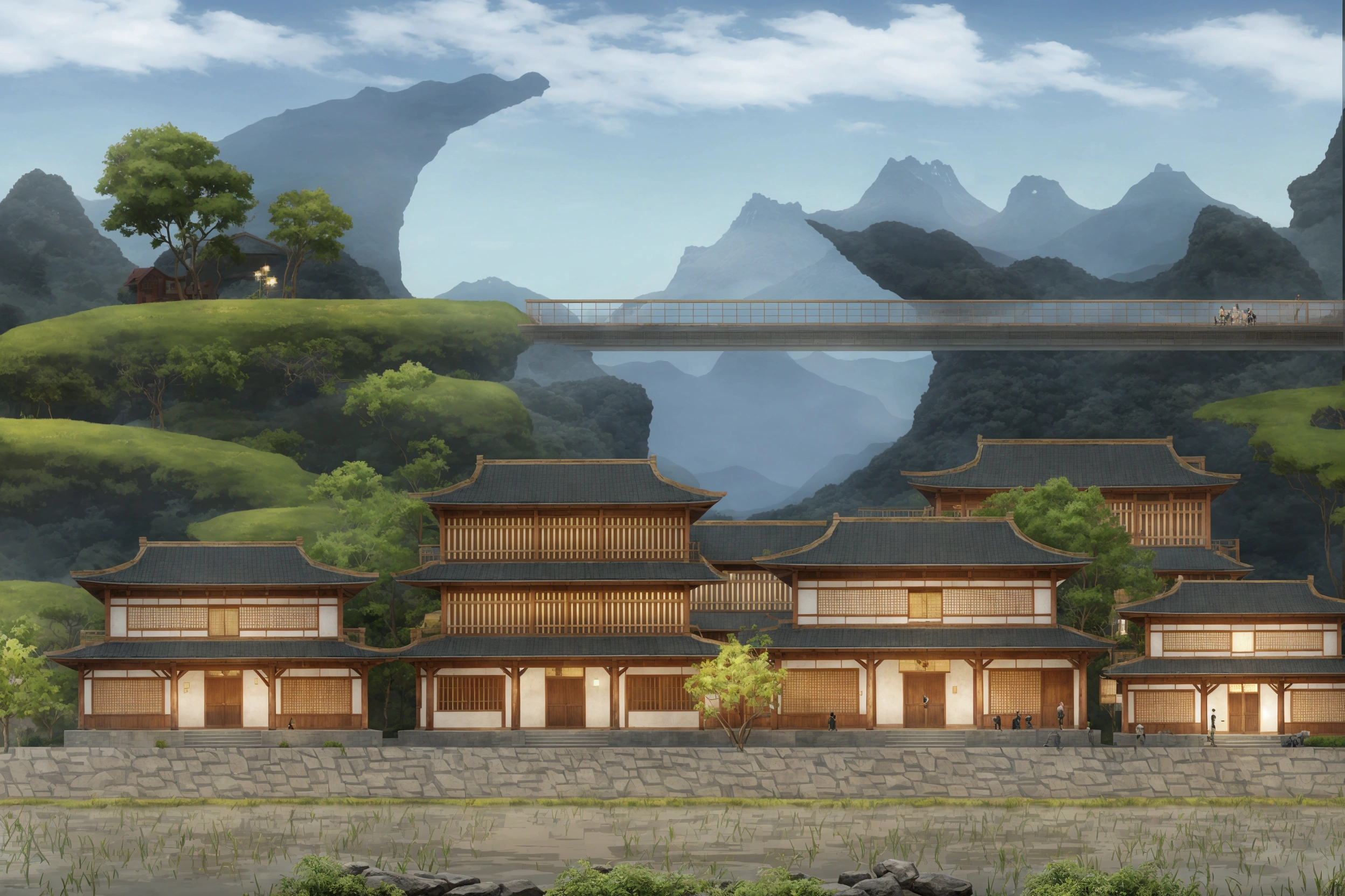 cartoon illustration of a japanese village with a bridge and a river, temple background, zen temple background, dojo on a mountain, town background, mobile game background, 2d game background, ancient city landscape, 2 d game art background, 2 d game environment design, town center background, chinese village, japanese town, distant village background, videogame background, japanese village