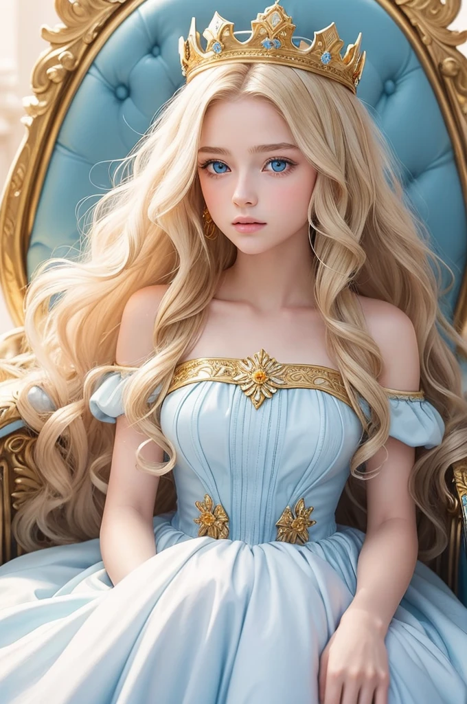 make a realistic 16 year old princess with long wavy blonde hair and light blue eyes wearing a white dress and a throne of gold and flowers with a cute crown