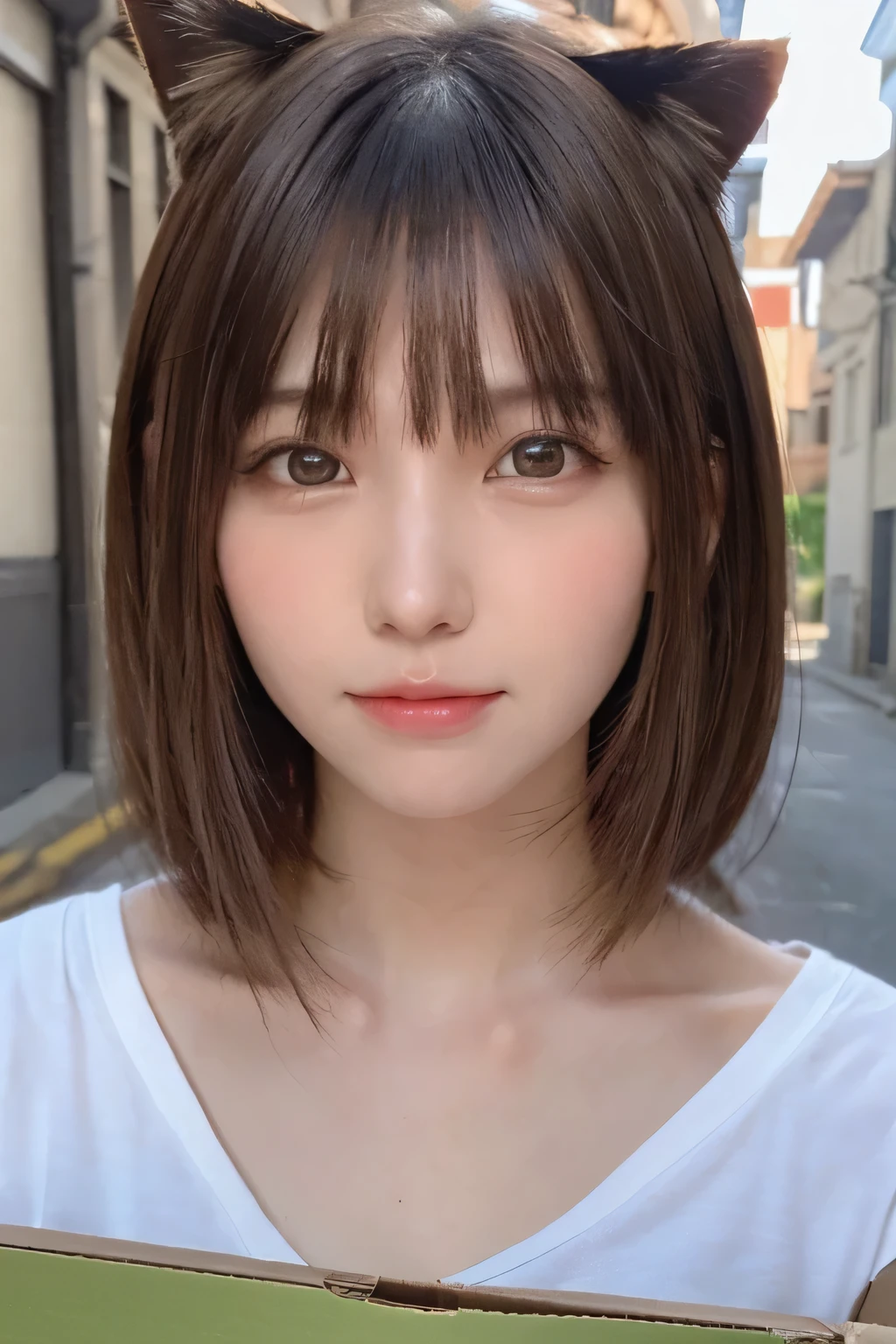 One Girl, (Beautiful girl, Delicate girl:1.3), (16 years old:1.3),
break, (Tattered clothes, Cat ear:1.2),
break, (Outdoor, alley:1.3), (In a cardboard box:1.3),
break, (Shooting from the sky:1.2),
break, Very beautiful eyes, (Symmetrical eyes:1.3),
break, Small breasts, Brown eyes, Parted bangs, Brown Hair, (Upper teeth, The best smile:0.2),
break, (Eye and facial details:1.0),
break, (masterpiece, Highest quality, Super detailed, Detailed face, 8K)