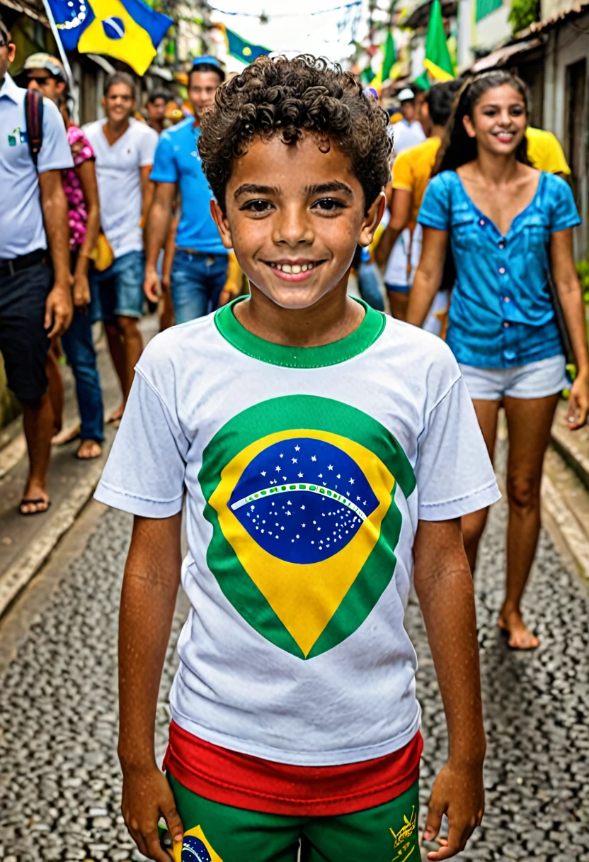 Rio de janeiro, Black child, 7 anos de idade, feliz, Brasil, caderno verde e amarelo, arara, bandeira do Brasil, maravilhado, paisagem, patriota.