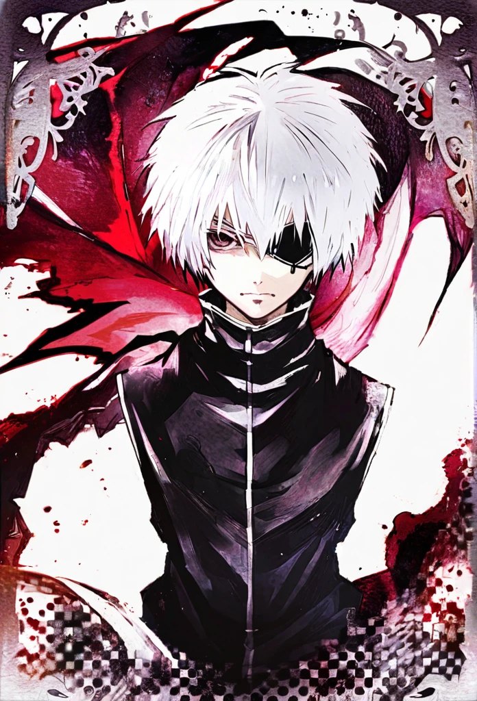 ```
ken kaneki, Tokyo Ghoul, white hair, black outfit, eyepatch, half-ghoul, serious expression, red kakugan eye, kagune tentacles, detailed face, high quality、Acrobatic、Wind-like sensation、
```