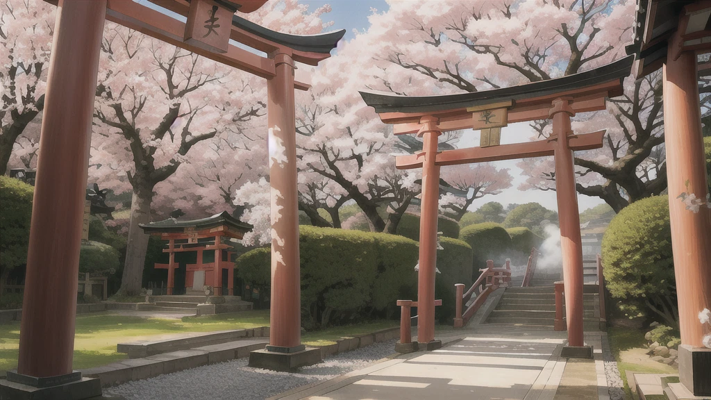 There is an open-air bath behind the shrine. Torii gate, cherry tree, steam, curtain, background only
