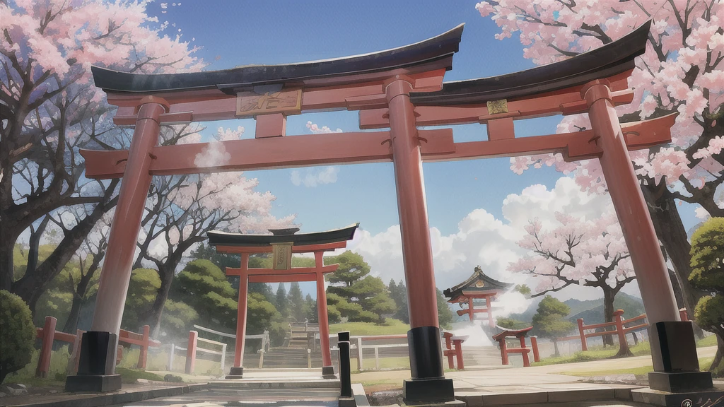There is an open-air bath behind the shrine. Torii gate, cherry tree, steam, curtain, background only