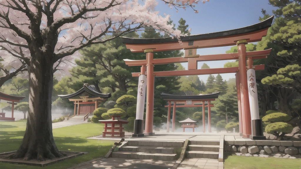 There is an open-air bath behind the shrine. Torii gate, cherry tree, steam, curtain, background only