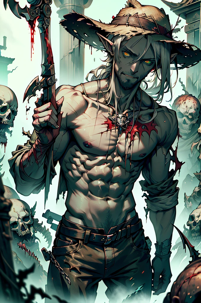 masterpiece, noise suppression, void noise, one male elf, Best quality, permission 8k, male focus, sharp image, just concentrate, stunning composition, volumetric lighting, super quality, Very detailed, fantasy, adult male elf zombie with long white disheveled hair, Cold, dead man with pale grayish skin, with a short white beard, yellow eyes, cadaveric spots, crazy, in a torn shirt and pants, in blood, with scythe in her hands, straw hat, ready to fight, shows sharp teeth, fantasy средневековье, cemetery