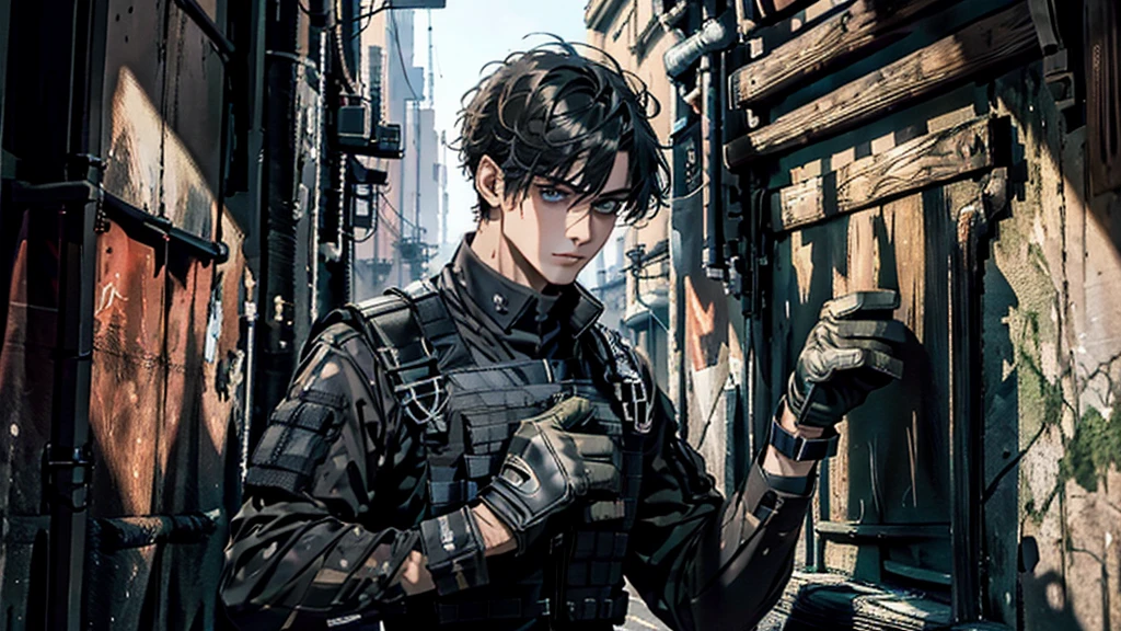 best quality, Masterpiece,Picture quality up to 8K, ภาพHigh quality,(((Masterpiece))), (((best quality))), Sharp picture, Awesome details，High quality，Masterpiece, Sharp facial details ,Face quality up to 8K，1 man, alone, black hair, short hair, blue eyes, black shirt,black bulletproof vest, handsome , metal cuff, black gloves, High Boots, black gloves, HK rifle, look at viewer, fantasy art, beautiful paintings, Guvaika style, Excellent and neat character art, Amazing characters,