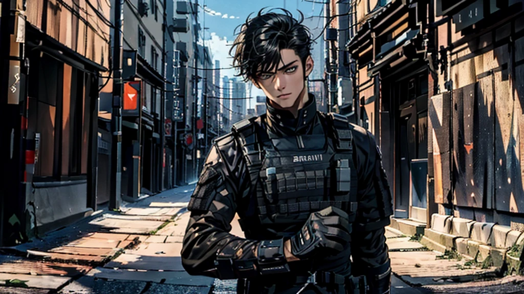 best quality, Masterpiece,Picture quality up to 8K, ภาพHigh quality,(((Masterpiece))), (((best quality))), Sharp picture, Awesome details，High quality，Masterpiece, Sharp facial details ,Face quality up to 8K，1 man, alone, black hair, short hair, blue eyes, black shirt,black bulletproof vest, handsome , metal cuff, black gloves, High Boots, black gloves, HK rifle, look at viewer, fantasy art, beautiful paintings, Guvaika style, Excellent and neat character art, Amazing characters,