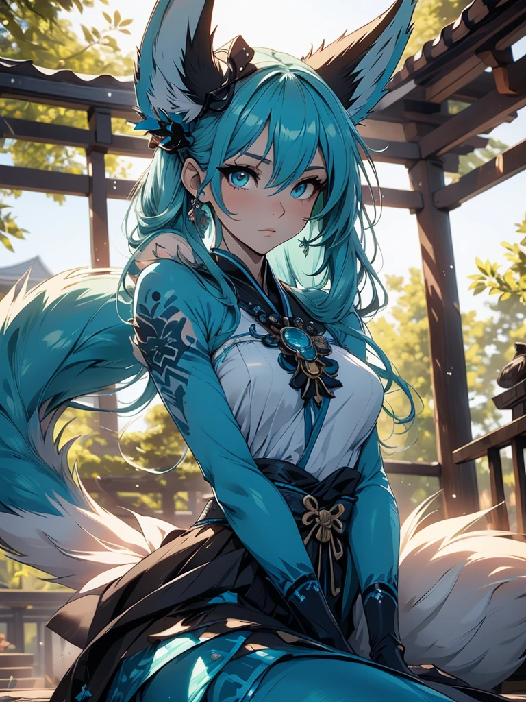  The best quality ((Masterpiece)) high definition Miku Hatsune x vixen high definition add_detail:1, blue fur,kitsune ears, tribal tattoo add_detail:1, pretty girl add_detail:1, feudal priestess clothing add_detail:1, japanese shrine landscape add_detail:1, japanese shrine costume add_detail:1, add_detail:1, full body add_detail, highly detailed face, deep aqua iris add_detail:1