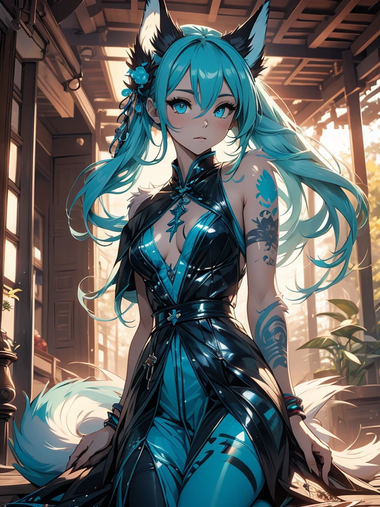  The best quality ((Masterpiece)) high definition Miku Hatsune x vixen high definition add_detail:1, blue fur,kitsune ears, tribal tattoo add_detail:1, pretty girl add_detail:1, feudal priestess clothing add_detail:1, japanese shrine landscape add_detail:1, japanese shrine costume add_detail:1, add_detail:1, full body add_detail, highly detailed face, deep aqua iris add_detail:1