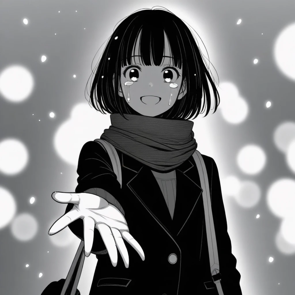 masterpiece, best quality, solo, 1girl, adult woman, mamerakkkkko, grayscale, manga style, japanese, chi no wadachi, black eyes, street, iced, black hair, backpack, smile, lineart, black coat, black scarf, black pleated skirt, leggings, centered, 18 years old, tall, fair skinned, bokeh background, crying, tears, tears streaming, bob cut, light particles, centered, snowing, (((reaching out left hand to viewer, perfect hand, detailed hand:1.1)), emotional anime scene
