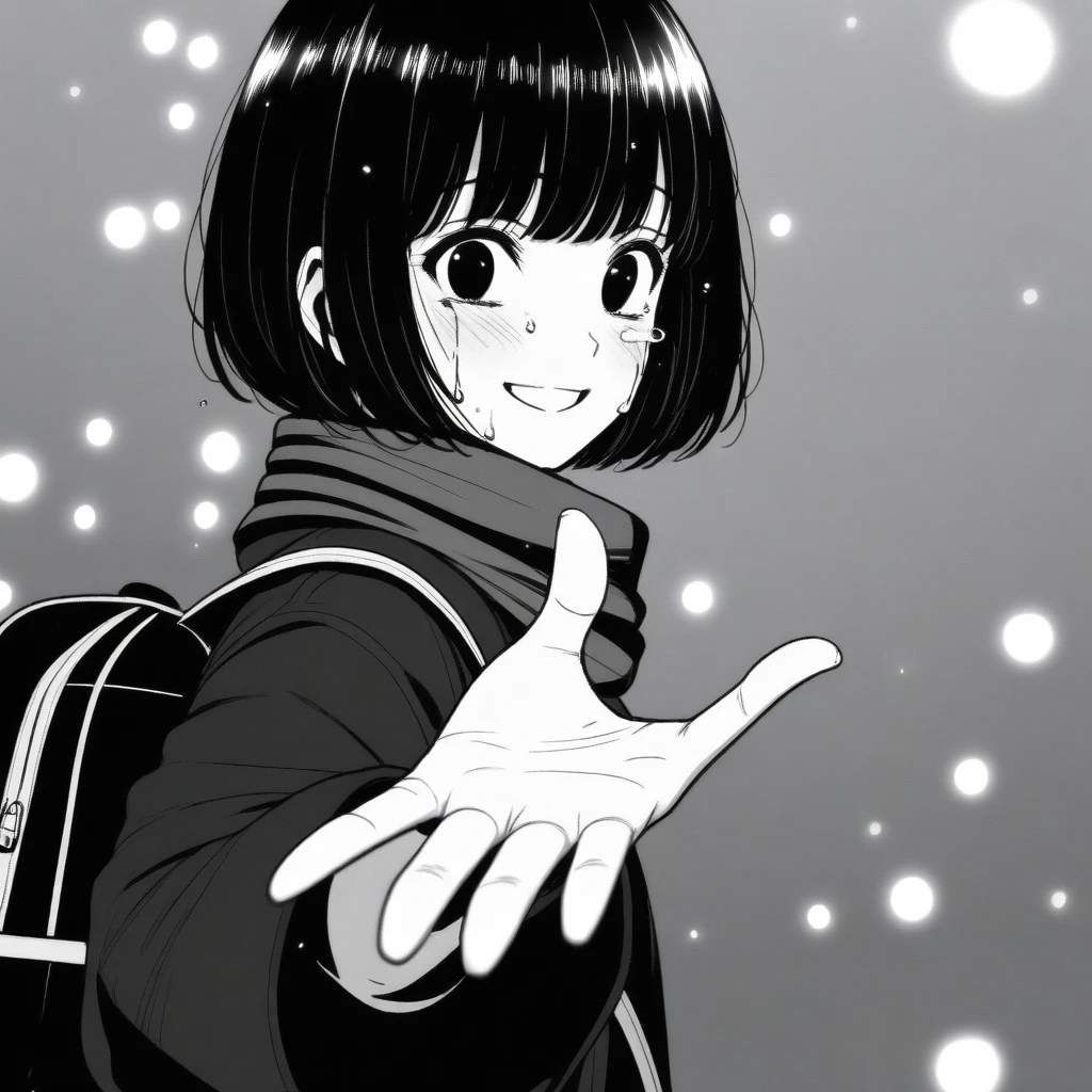 masterpiece, best quality, solo, 1girl, adult woman, mamerakkkkko, grayscale, manga style, japanese, chi no wadachi, black eyes, street, iced, black hair, backpack, smile, lineart, black coat, black scarf, black pleated skirt, leggings, centered, 18 years old, tall, fair skinned, bokeh background, crying, tears, tears streaming, bob cut, light particles, centered, snowing, (((reaching out left hand to viewer, perfect hand, detailed hand:1.1)), emotional anime scene