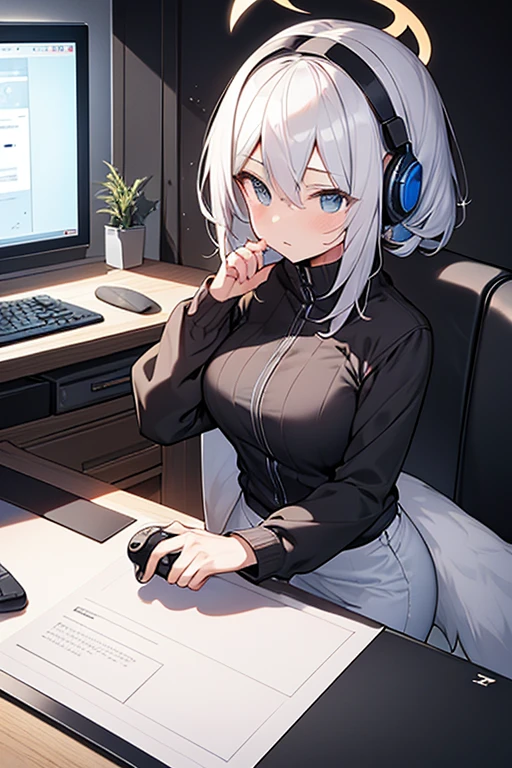 anime style, super fine illustration, highly detailed, dynamic angle, beautiful detailed, 8K, At night, in a dark room, Blake. A woman sits in front of her computer, unable to sleep. BREAK She is wearing a headset with a microphone and holding a video game controller(PS4 contoroller), BREAK She is playing a awesome game.God,Angel Wing,white hair,Angel Halo,perfect face,perfect hands,short hair,sharp eyes,perfect contoroller,8k quality,Break on desktop,army jacket,coffee,涙を流す,Break desktop on,super detailed,

