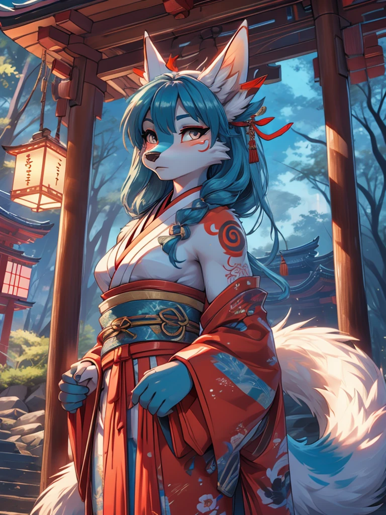Amaterasu okami high definition add_detail:1, blue fur,kitsune ears, tribal tattoo add_detail:1, pretty girl add_detail:1, feudal priestess clothing add_detail:1, japanese shrine landscape add_detail:1, japanese shrine costume add_detail:1, add_detail:1, full body add_detail, highly detailed face, deep aqua iris add_detail:1