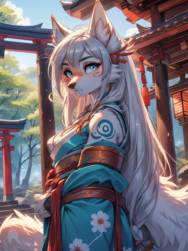 white fur kisune, amaterasu eyes, shinobi add high definition_detail:1, blue fur,kitsune ears, tribal tattoo add_detail:1, pretty girl add_detail:1, feudal priestess clothing add_detail:1, japanese shrine scenery add_detail:1, japanese shrine costume add_detail:1, bare left leg add_detail:1, add full body_detail, under a tori gate, super detailed pupils, beautiful eyes, bright pupils