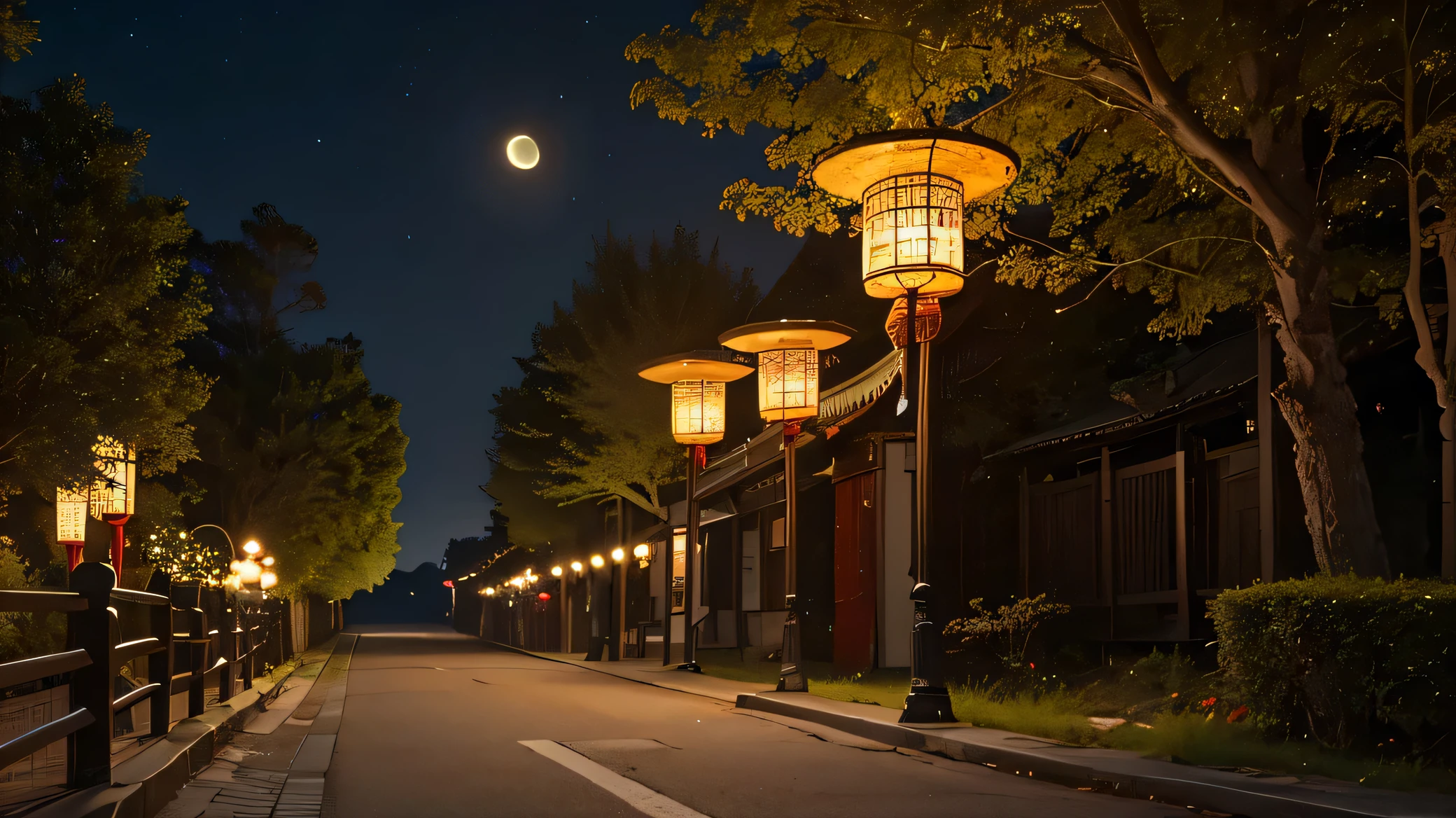 Official Art, ancient China, Ancient Street, (Lots of fireflies), (night), (moon), Light, Beautiful views, Spectacular landscapes, Realistic Light, masterpiece, high quality, Beautiful graphics, High detail , Global Illumination, Unreal Engine Rendering, Octane Rendering, (High resolution: 1.3)