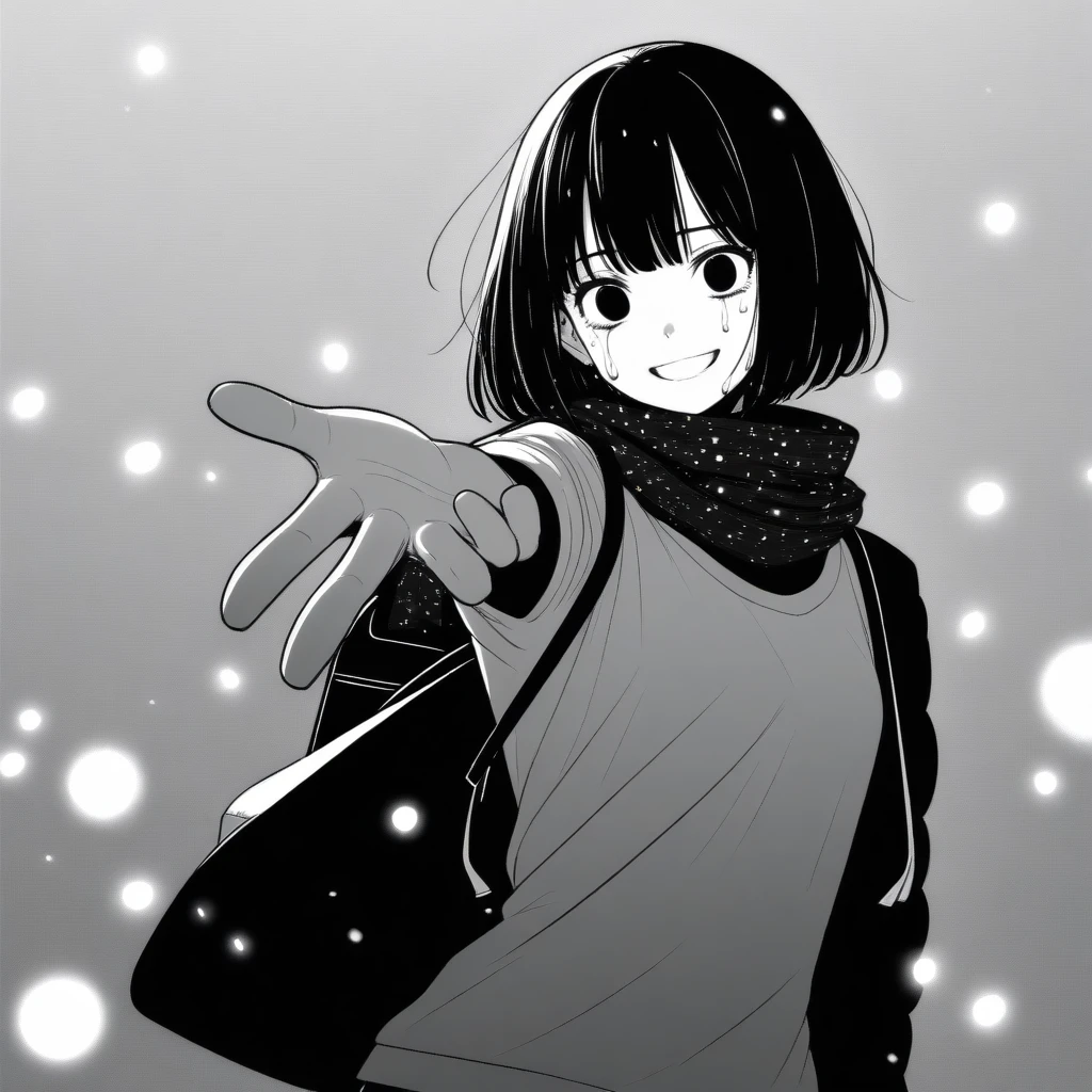 masterpiece:1.4, best quality, solo, 1girl, adult woman, mamerakkkkko, grayscale, manga style, japanese, chi no wadachi, black eyes, street, iced, black hair, backpack, smile, lineart, black coat, black scarf, black pleated skirt, leggings, centered, 18 years old, tall, fair skinned, bokeh background, crying, tears, tears streaming, bob cut, light particles, centered, snowing, (((reaching out left hand to viewer, perfect hand, detailed hand:1.1)), emotional anime scene
