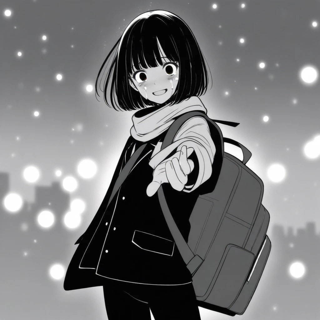 masterpiece:1.4, best quality, solo, 1girl, adult woman, mamerakkkkko, grayscale, manga style, japanese, chi no wadachi, black eyes, street, iced, black hair, backpack, smile, lineart, black coat, black scarf, black pleated skirt, leggings, centered, 18 years old, tall, fair skinned, bokeh background, crying, tears, tears streaming, bob cut, light particles, centered, snowing, (((reaching out left hand to viewer, perfect hand, detailed hand:1.1)), emotional anime scene