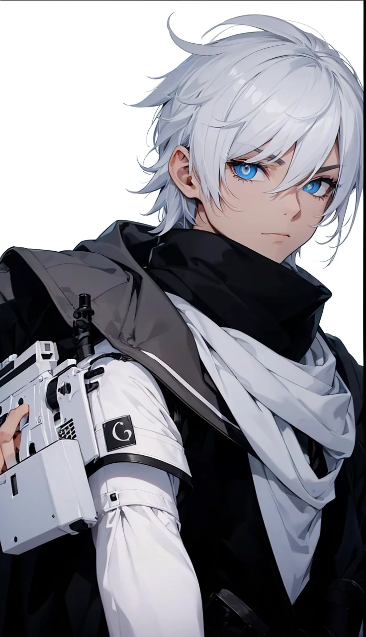 Boy with white hair;
shorth hair;
Messy hair;
eye white;
Some gun sight marks on the pupils;
wear black pants;
black jersey;
A white sweater;
A white scarf;
Snow white pupils The sniper is also white in color There&#39;s a white sniper on the back;


He is lying on the ground aiming with the sniper Right hands Symmetry Best quality No errors 

Sniper na mão 


((Faça ele segurar uma sniper branca simétrica sem erros e a mão segurando corretamente))