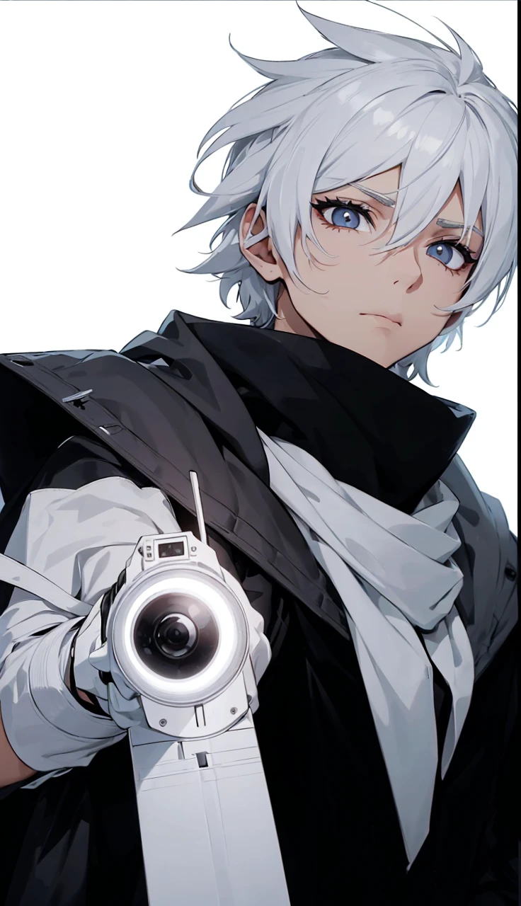 Boy with white hair;
shorth hair;
Messy hair;
eye white;
Some gun sight marks on the pupils;
wear black pants;
black jersey;
A white sweater;
A white scarf;
Snow white pupils The sniper is also white in color There&#39;s a white sniper on the back;


He is lying on the ground aiming with the sniper Right hands Symmetry Best quality No errors 

Sniper na mão 


((Faça ele segurar uma sniper branca simétrica sem erros e a mão segurando corretamente))