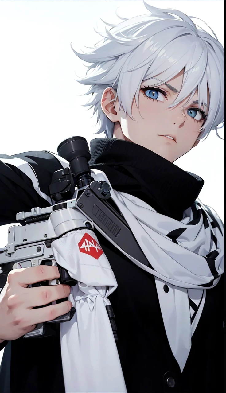 Boy with white hair;
shorth hair;
Messy hair;
eye white;
Some gun sight marks on the pupils;
wear black pants;
black jersey;
A white sweater;
A white scarf;
Snow white pupils The sniper is also white in color There&#39;s a white sniper on the back;


He is lying on the ground aiming with the sniper Right hands Symmetry Best quality No errors 

Sniper na mão 


((Faça ele segurar uma sniper branca simétrica sem erros e a mão segurando corretamente))
