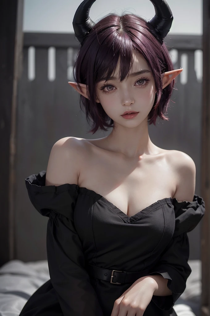 a 20 yo woman, red-purple hair, short hair, black eyes, elf ears with earings, sheep horns, dark theme, soothing tones, muted colors, high contrast, (natural skin texture, hyperrealism, soft light, sharp)