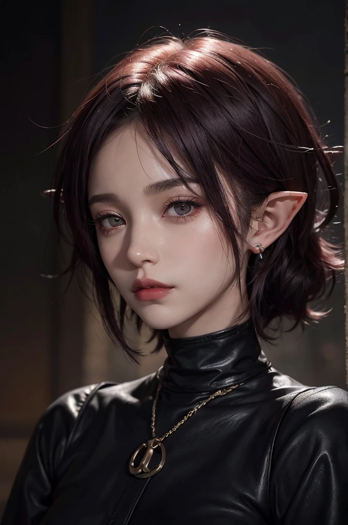 a 20 yo woman, red-purple hair, short hair, black eyes, elf ears with earings, sheep horns, dark theme, soothing tones, muted colors, high contrast, (natural skin texture, hyperrealism, soft light, sharp)