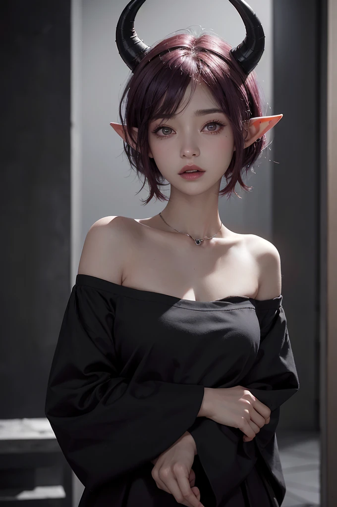 a 20 yo woman, red-purple hair, short hair, black eyes, elf ears with earings, sheep horns, dark theme, soothing tones, muted colors, high contrast, (natural skin texture, hyperrealism, soft light, sharp)