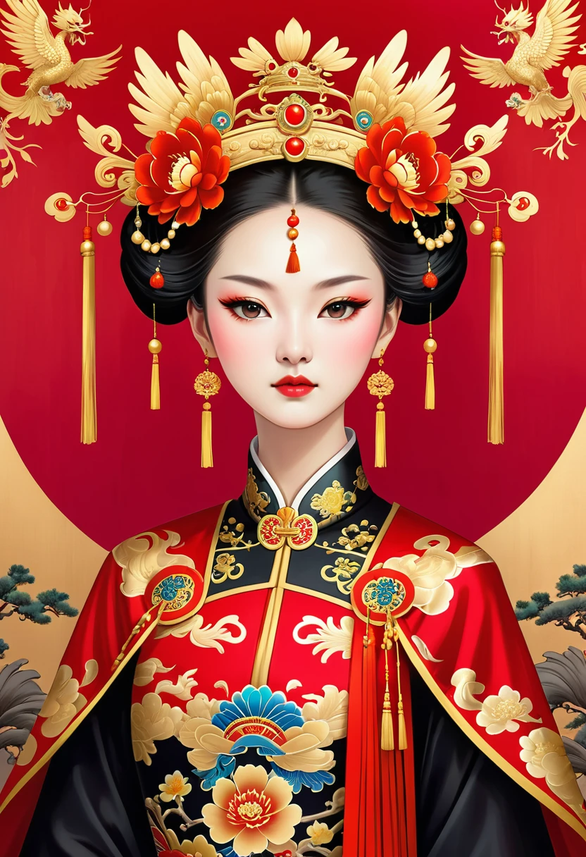 Retro，A beautiful mural：Phoenix Coronet：1.37.Solemn girl portrait，symmetry，Round Face，Bright Eyes，Smooth skin，Red peony headdress，Elegant and luxurious，Wealth，Gorgeous black and gold costumes，Chinese Qing Dynasty flag costumes,Selfish,Chinese Emperor，High bun，Gorgeous golden crown，tassel，palace，Clean background，(((Wu Zetian，Empress)))，Fur collar cape，Pearl tassels，Pearl Makeup，Red background
