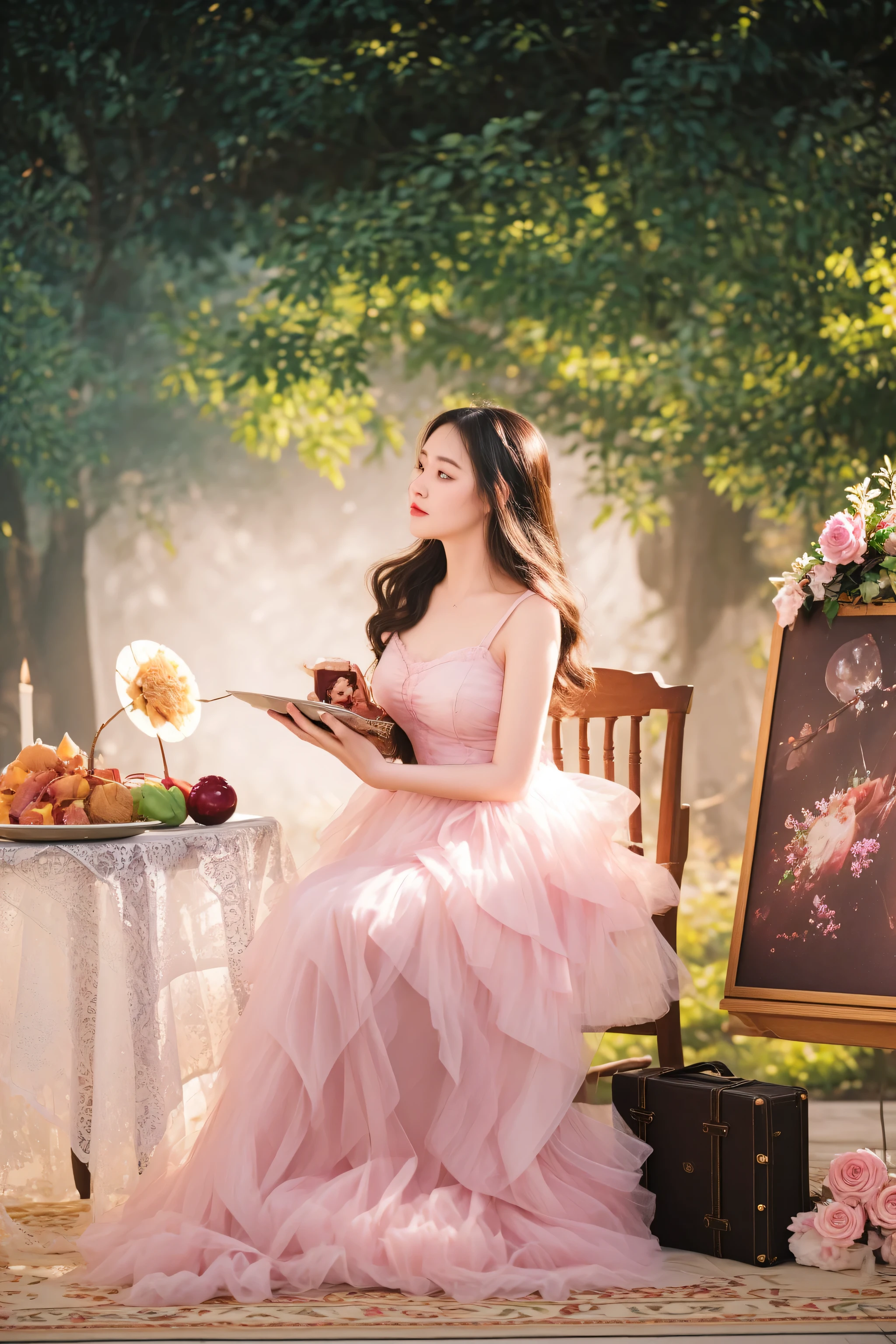 there is a woman sitting in a chair with a plate of food, fantasy photoshoot, romantic storybook fantasy, ethereal fairytale, lovely languid princess, dreamy atmosphere and drama, fairy tale style background, fantasy fairytale story, storybook fantasy, in a whimsical fairytale forest, photo taken with nikon d 7 5 0, photo taken with nikon d750