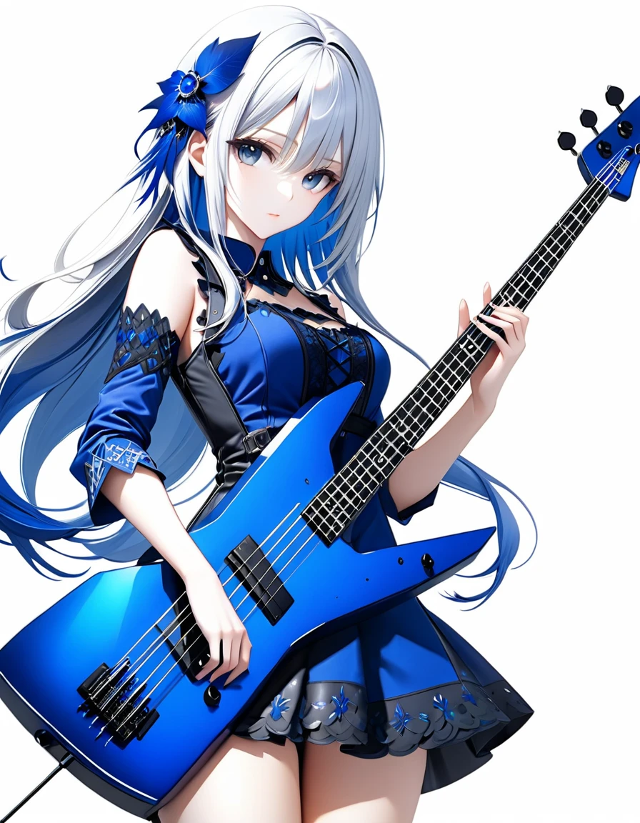 (((White background:1.5)))、(very wide shot)、(masterpiece、Ultra HD、Highest quality、Masterpiece、4K:1.2)、Slender body、Playing a black electric bass,Scandinavian Metal Girl, Intense gaze into the camera, Intricate details, Highly detailed eyes, Highly detailed fingers、Blue semi-long hair、Blue Gothic Dress, Intricate details、Are standing、shoot from above
