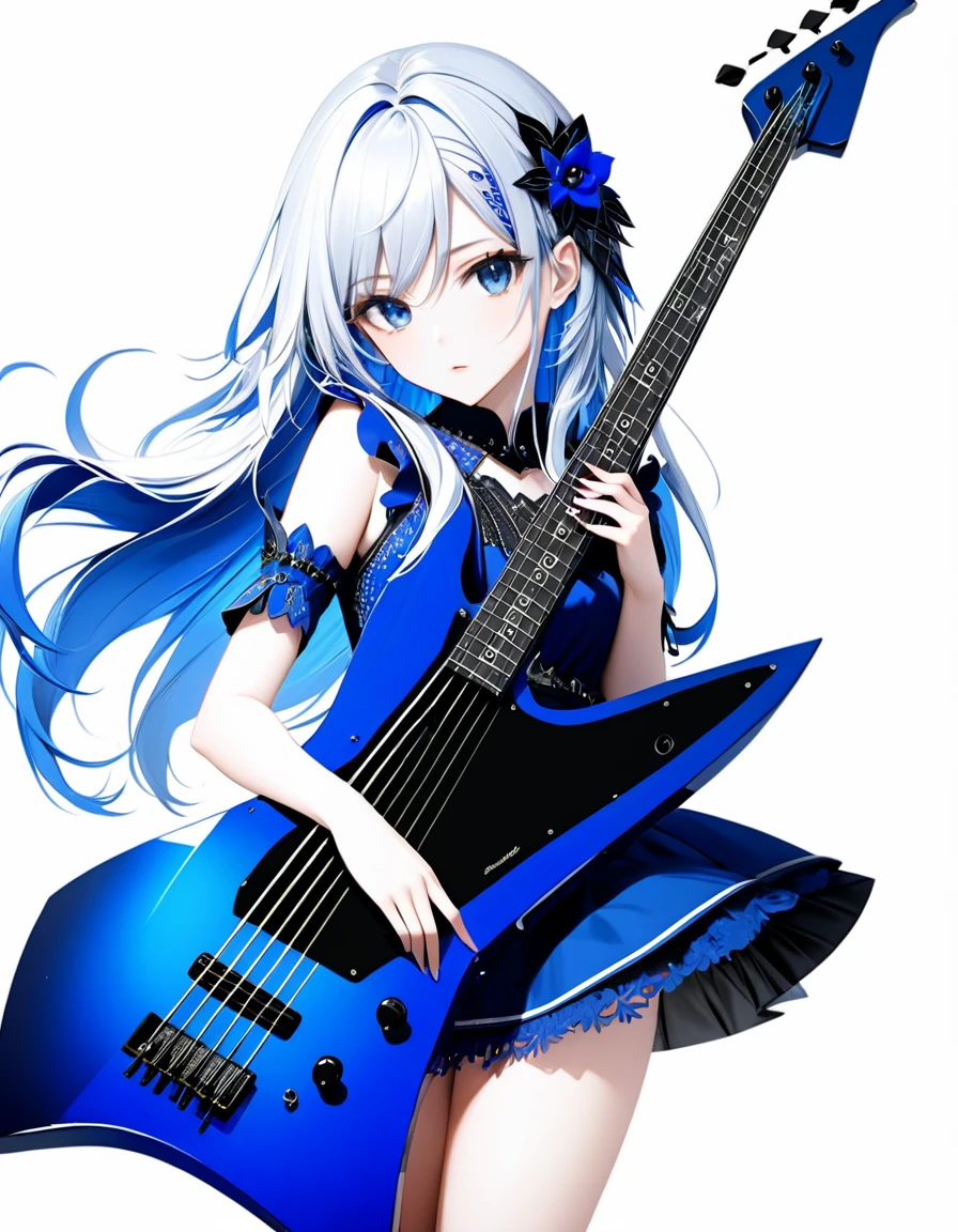 (((White background:1.5)))、(very wide shot)、(masterpiece、Ultra HD、Highest quality、Masterpiece、4K:1.2)、Slender body、Playing a black electric bass,Scandinavian Metal Girl, Intense gaze into the camera, Intricate details, Highly detailed eyes, Highly detailed fingers、Blue semi-long hair、Blue Gothic Dress, Intricate details、Are standing、shoot from above