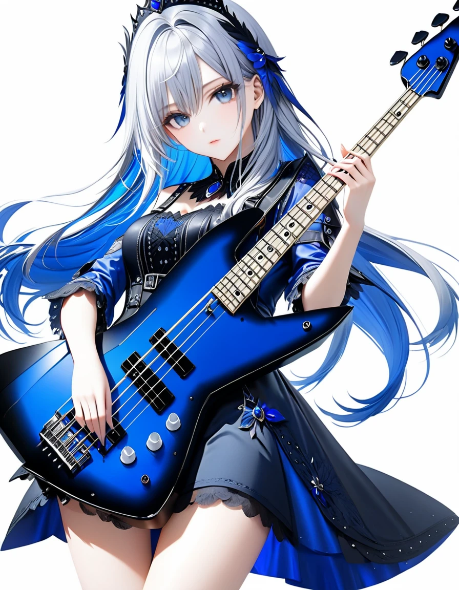 (((White background:1.5)))、(very wide shot)、(masterpiece、Ultra HD、Highest quality、Masterpiece、4K:1.2)、Slender body、Playing a black electric bass,Scandinavian Metal Girl, Intense gaze into the camera, Intricate details, Highly detailed eyes, Highly detailed fingers、Blue semi-long hair、Blue Gothic Dress, Intricate details、Are standing、shoot from above