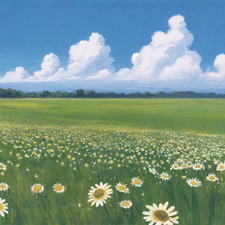pen_sketch_style, field of daisies, ink, sketch, color, facing the blue skies, scattered cute clouds