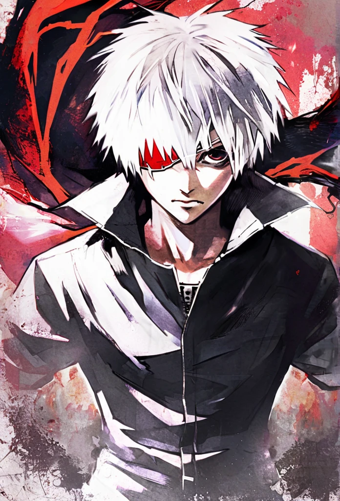 ```
Ken Kaneki, Tokyo Ghoul, white hair, black outfit, eyepatch, half-ghoul, serious expression, red kakugan eye, kagune tentacles, detailed face, high quality

```