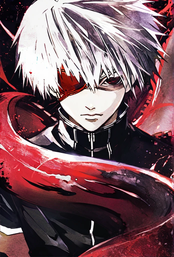 ```
Ken Kaneki, Tokyo Ghoul, white hair, black outfit, eyepatch, half-ghoul, serious expression, red kakugan eye, kagune tentacles, detailed face, high quality

```