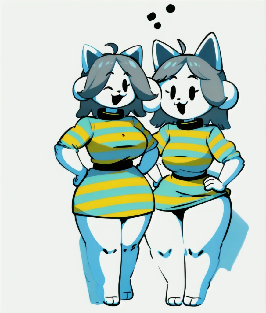 furry,:3,open mouth,cat ears,grey hair,ahoge,white_fur,blue and yellow striped shirt,emoji,standing,hands on hips,bust,dialogue box,cartoonized,simple background,Temmie,