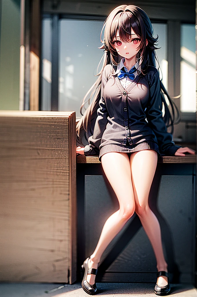 1 girl standing with open legs, solo, (naked:1.3), BREAK, (thin long legs:1.3), (short torso:1.5), (large breasts:1.2), (thin waist:1.2), BREAK, black thighhighs, long necktie, highheels, pigeon toed, BREAK, masterpiece