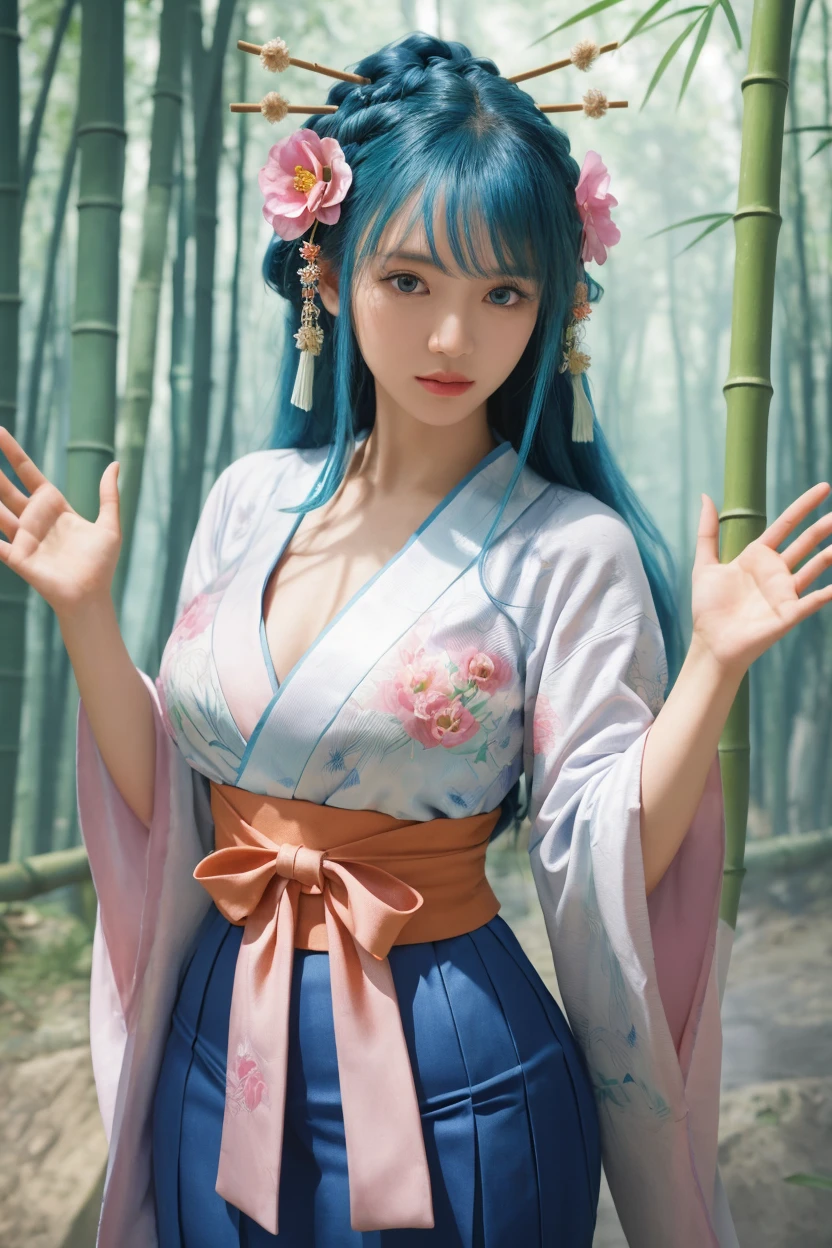 Crocodile, ear on head, beautiful girl, green hair, big breasts, wearing a, bare-chested kimono, sexy post,by river.