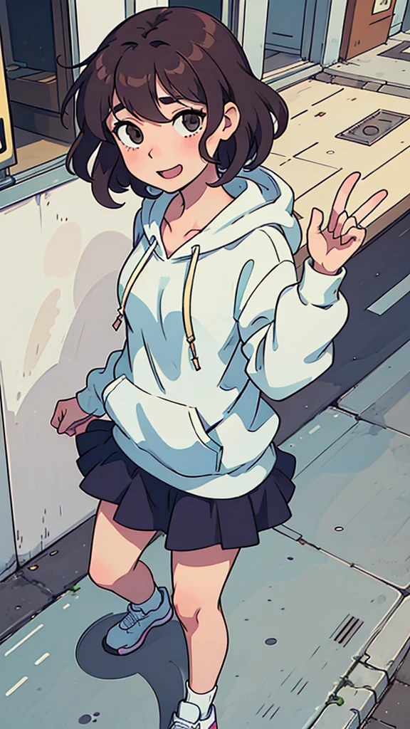 (best quality:0.8) perfect anime illustration, a pretty, happy woman with short curly brown hair on the street in the city, wearing a hoodie, skirt