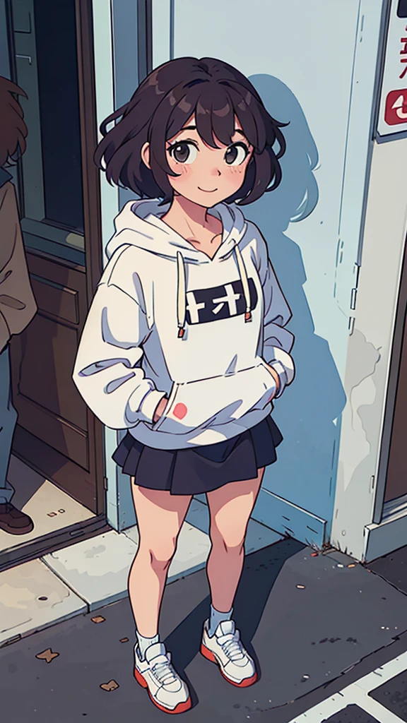 (best quality:0.8) perfect anime illustration, a pretty, happy woman with short curly brown hair on the street in the city, wearing a hoodie, skirt