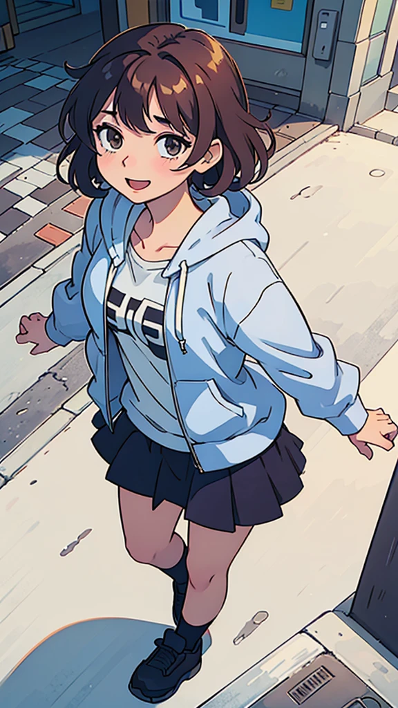 (best quality:0.8) perfect anime illustration, a pretty, happy woman with short curly brown hair on the street in the city, wearing a hoodie, skirt