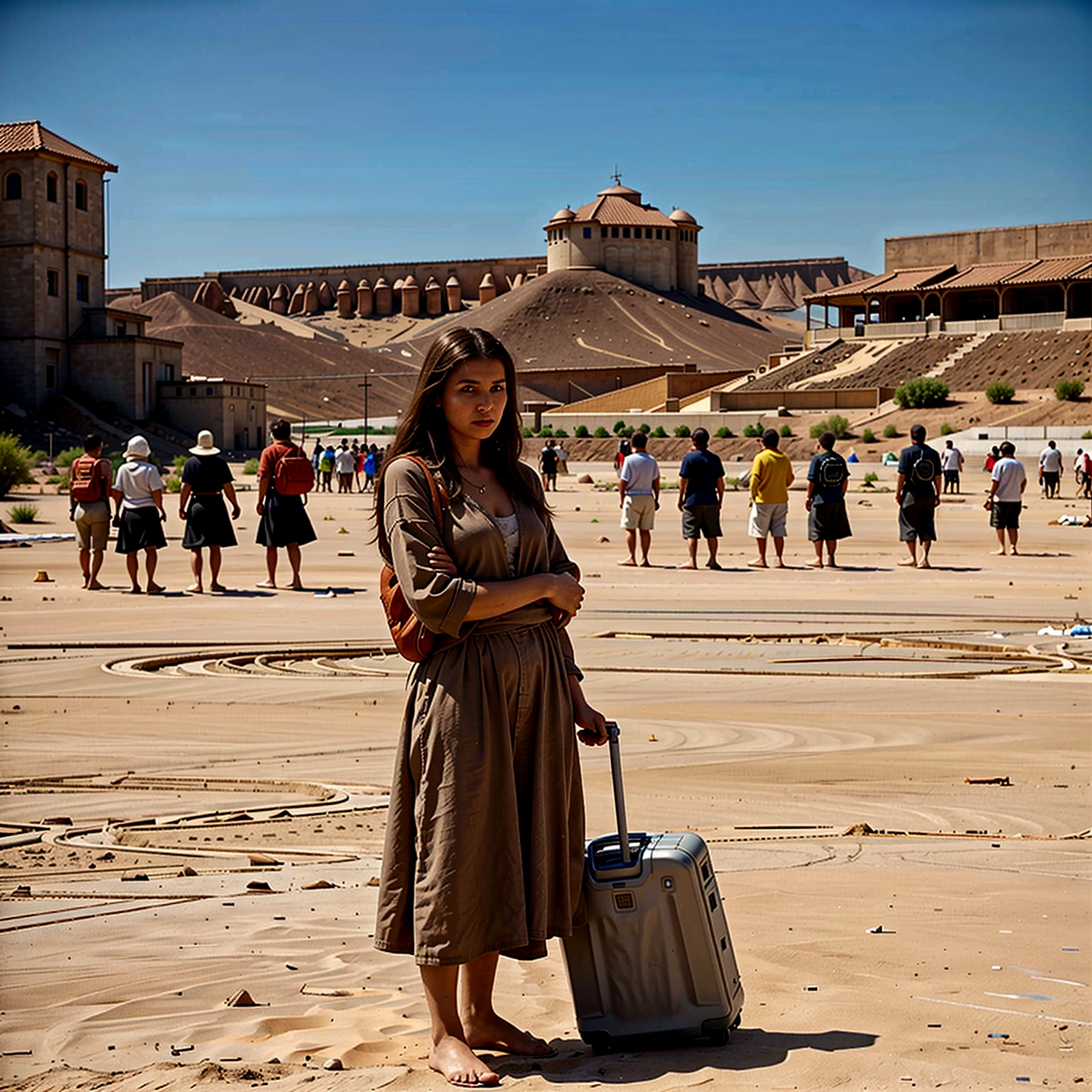 large group of people immigrating from a region... arid, dry place, people with suitcases, bags, torn clothes, among the people many women and children - air of desolation - realistic image, strong colors, in terracotta tones - vision of top 4k resolution, full of details